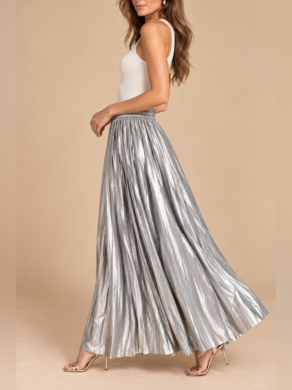 Wishlist Metallic Silver Pleated Evening Statement Pull On Flowy Maxi Skirt Glam - Picture 2 of 9